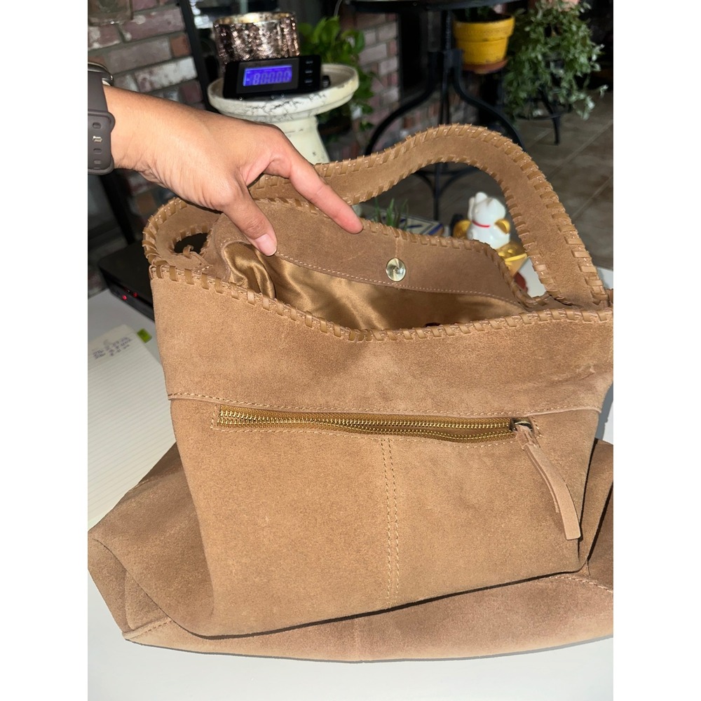 Tan Suede Whipstitch Hobo Shoulder Bag Genuine‎ Leather RN 75343 Made in India - Picture 5 of 10